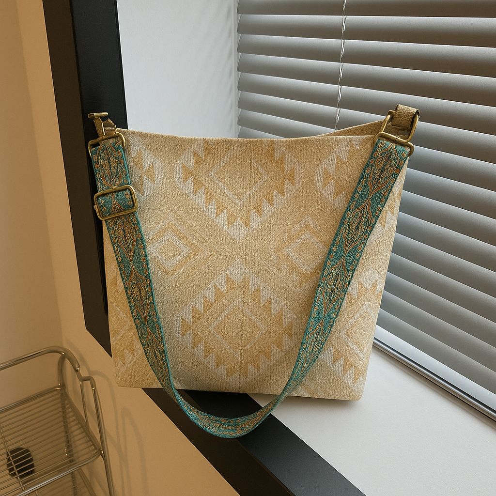 TRENDBUY light beige geometric pattern bucket tote bag with turquoise wide strap, on window ledge