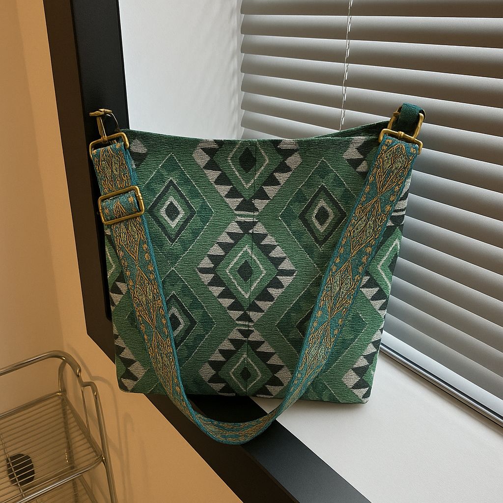 TRENDBUY green geometric pattern bucket tote bag with turquoise wide strap, on window ledge