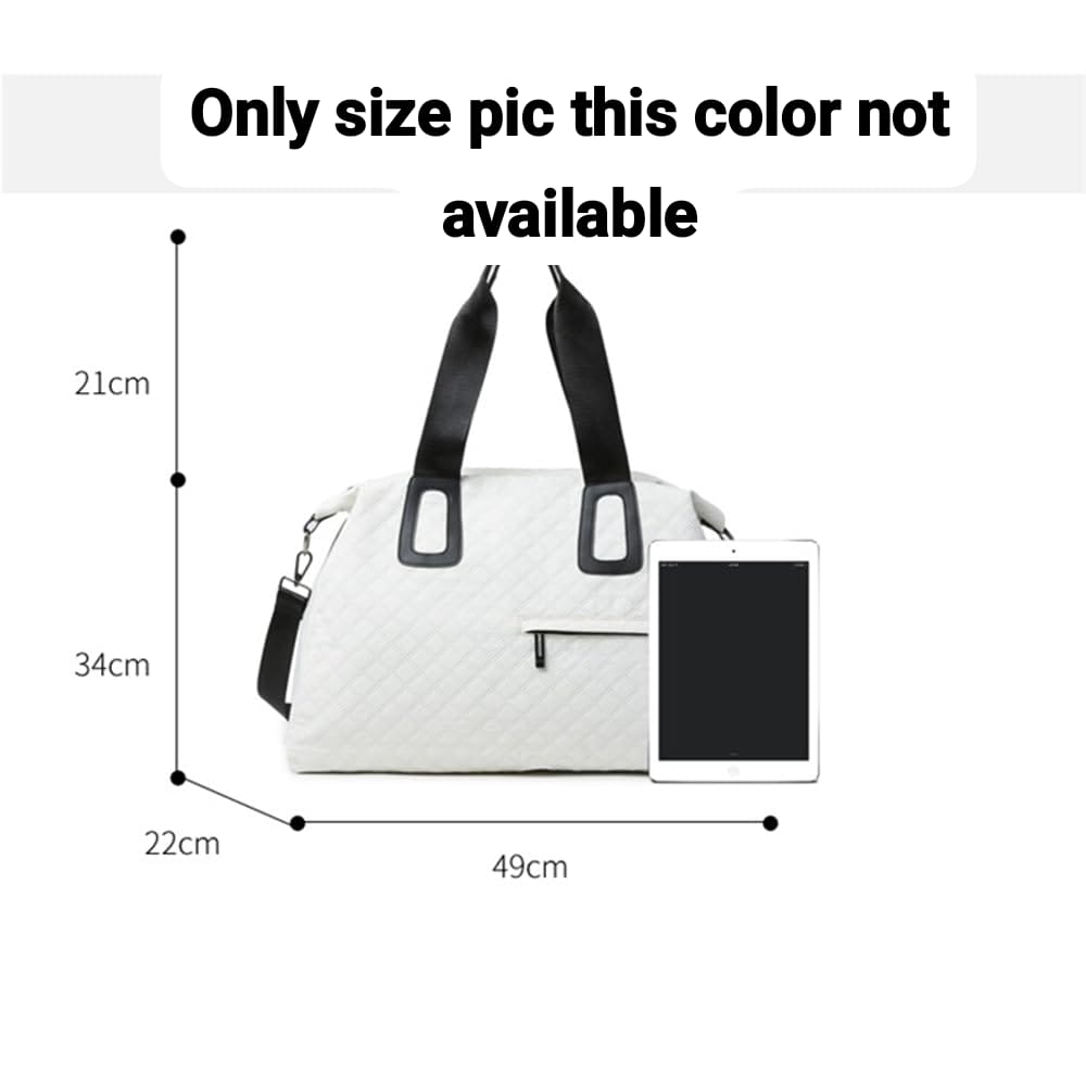 Diagram showing the dimensions (Length 49cm, Width 22cm, Height 34cm, Handle Drop 21cm) of a white quilted duffle bag, with a tablet for scale.