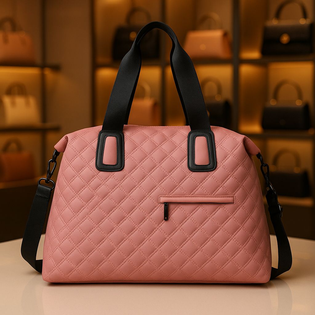 Front view of a chic blush pink quilted duffle bag with black carry handles and an adjustable shoulder strap, showcasing a convenient front zipper pocket.