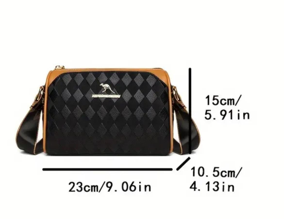TRENDBUY black geometric sling bag with detailed size measurements: 23cm L x 15cm H x 10.5cm D.