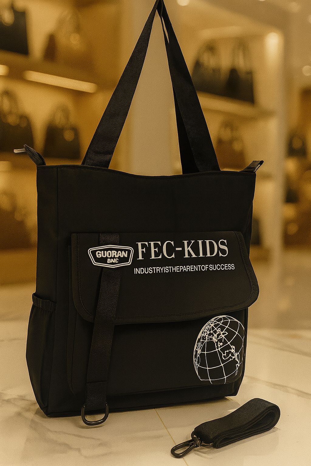 Classic black imported tote side bag with detachable strap, "FEC-KIDS" branding, and side pockets.