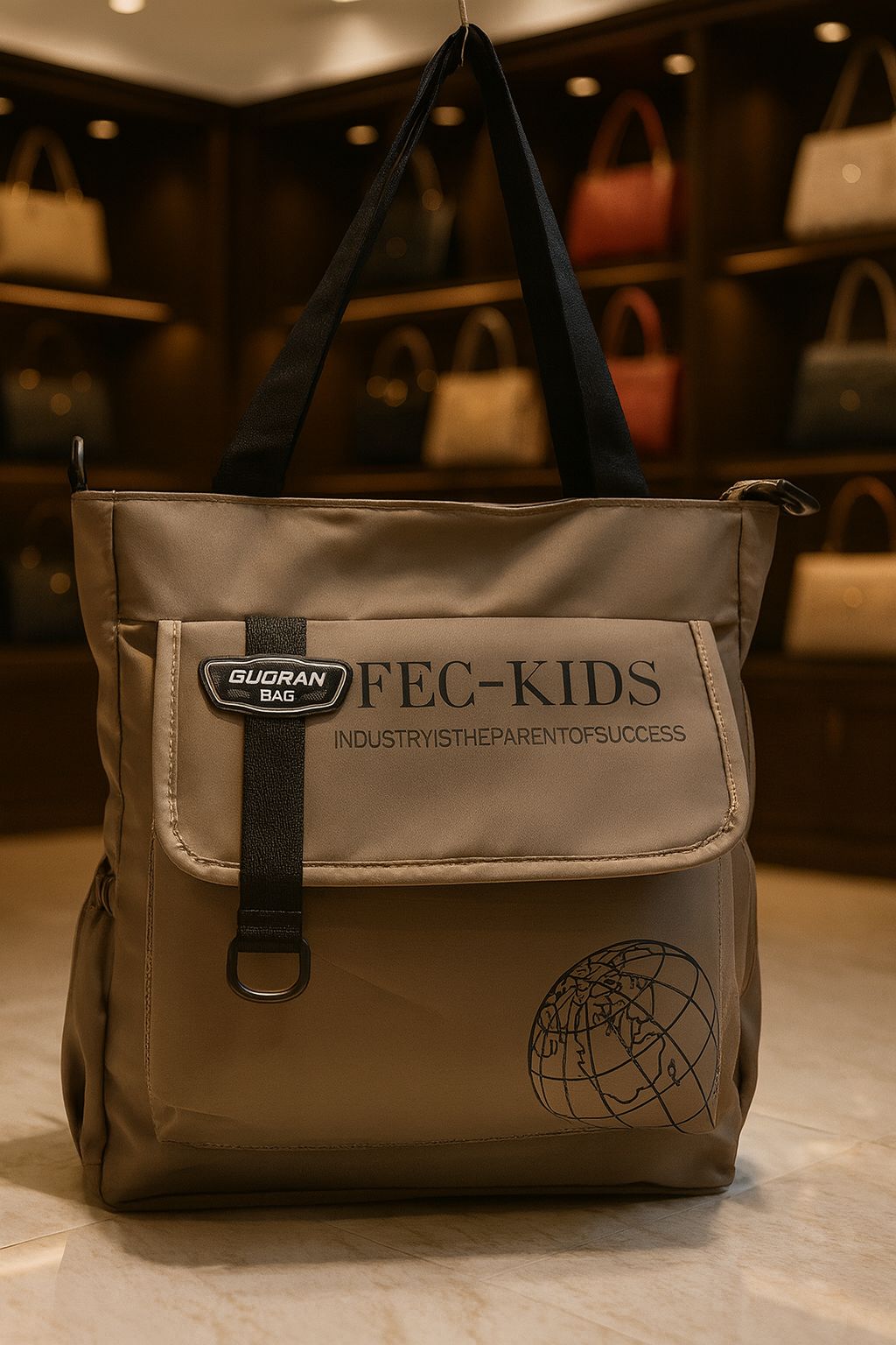 Stylish khaki tan imported side bag with "GUORAN BAG" detail and ample storage.