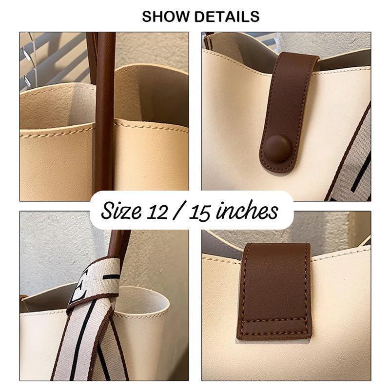 Detailed view of the TRENDBUY tote bag's features including strap attachment, magnetic closure, and dimensions stated as 12 by 15 inches.