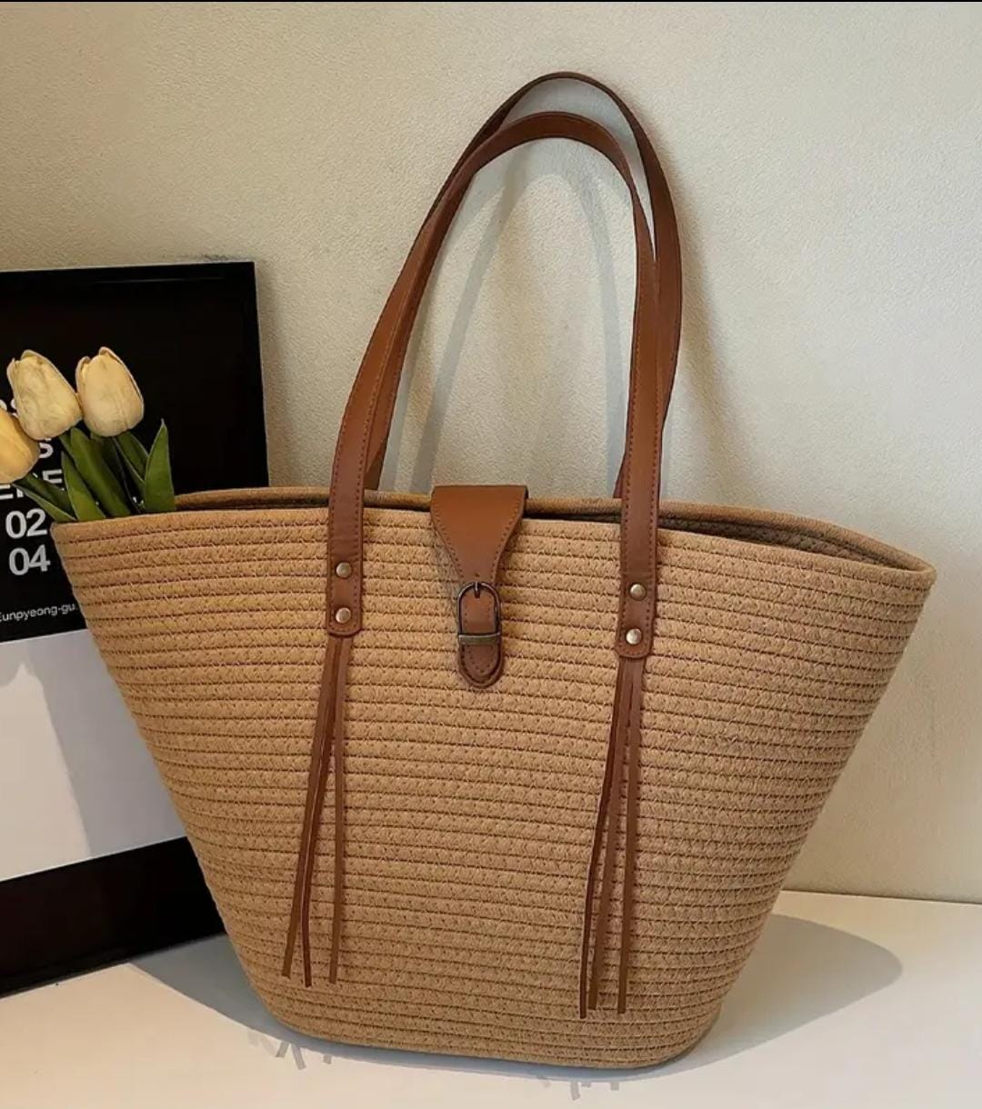 TRENDBUY beige natural straw weave tote bag, elegant design with brown faux leather straps, front view.