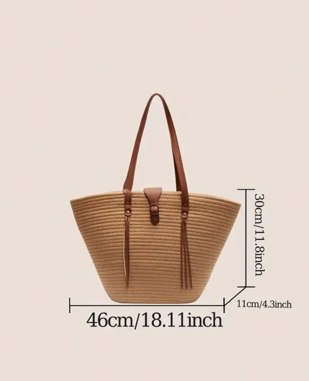 Detailed product dimensions graphic for the TRENDBUY straw tote: 46cm W x 30cm H x 11cm D.