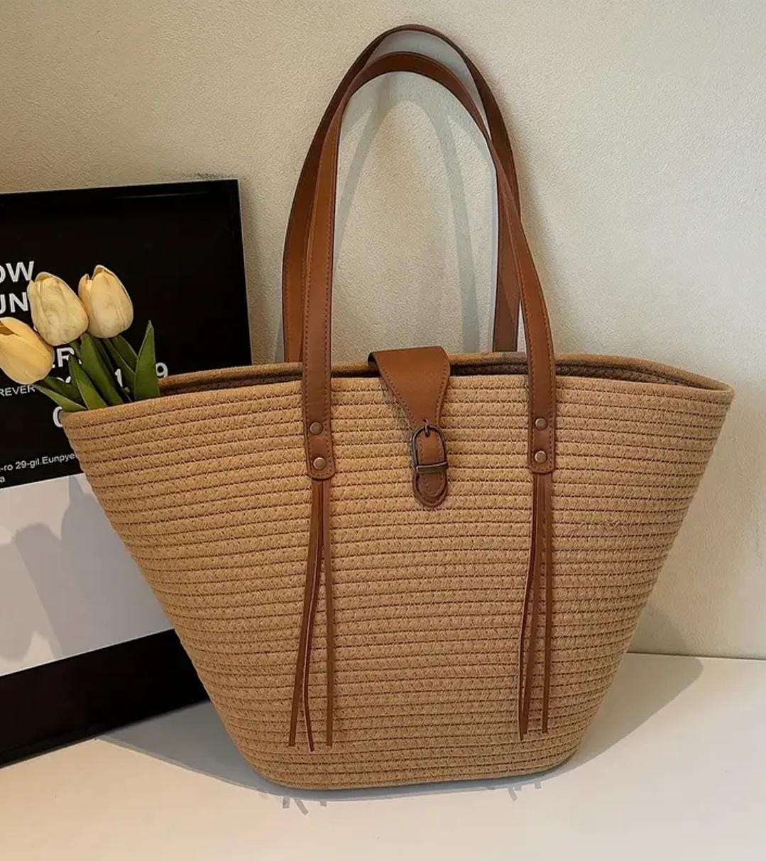 Full front view of the TRENDBUY beige straw weave tote bag, highlighting its clean lines and texture.