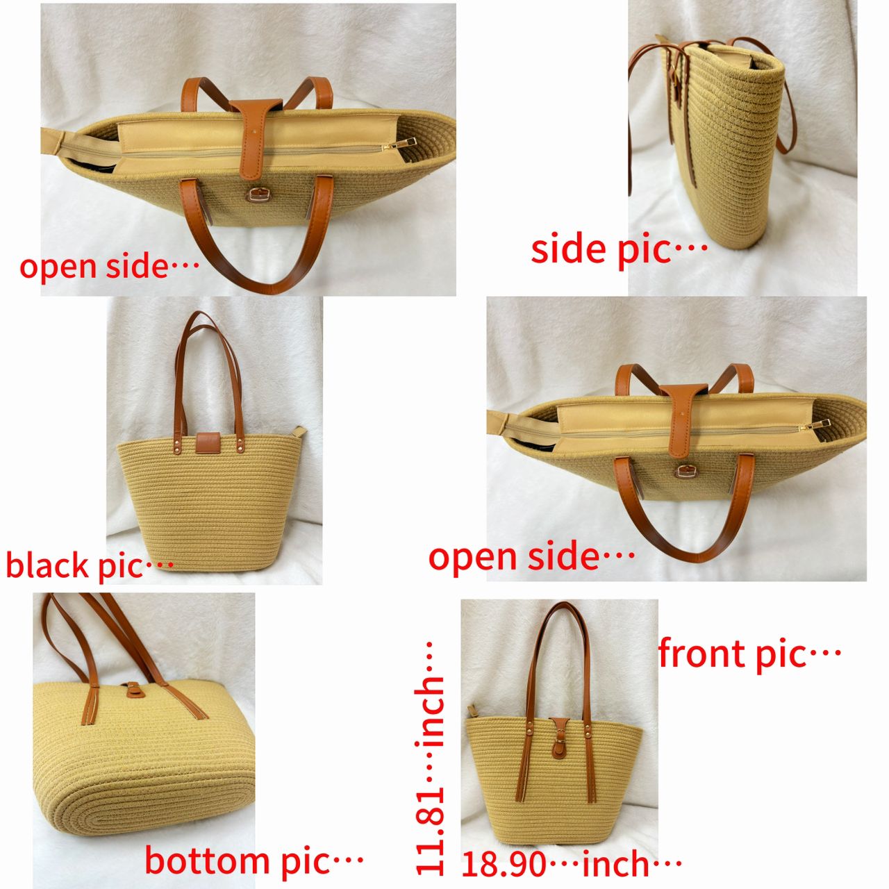 Collage displaying various angles of the TRENDBUY beige straw tote bag: top open, side, bottom, and front views.
