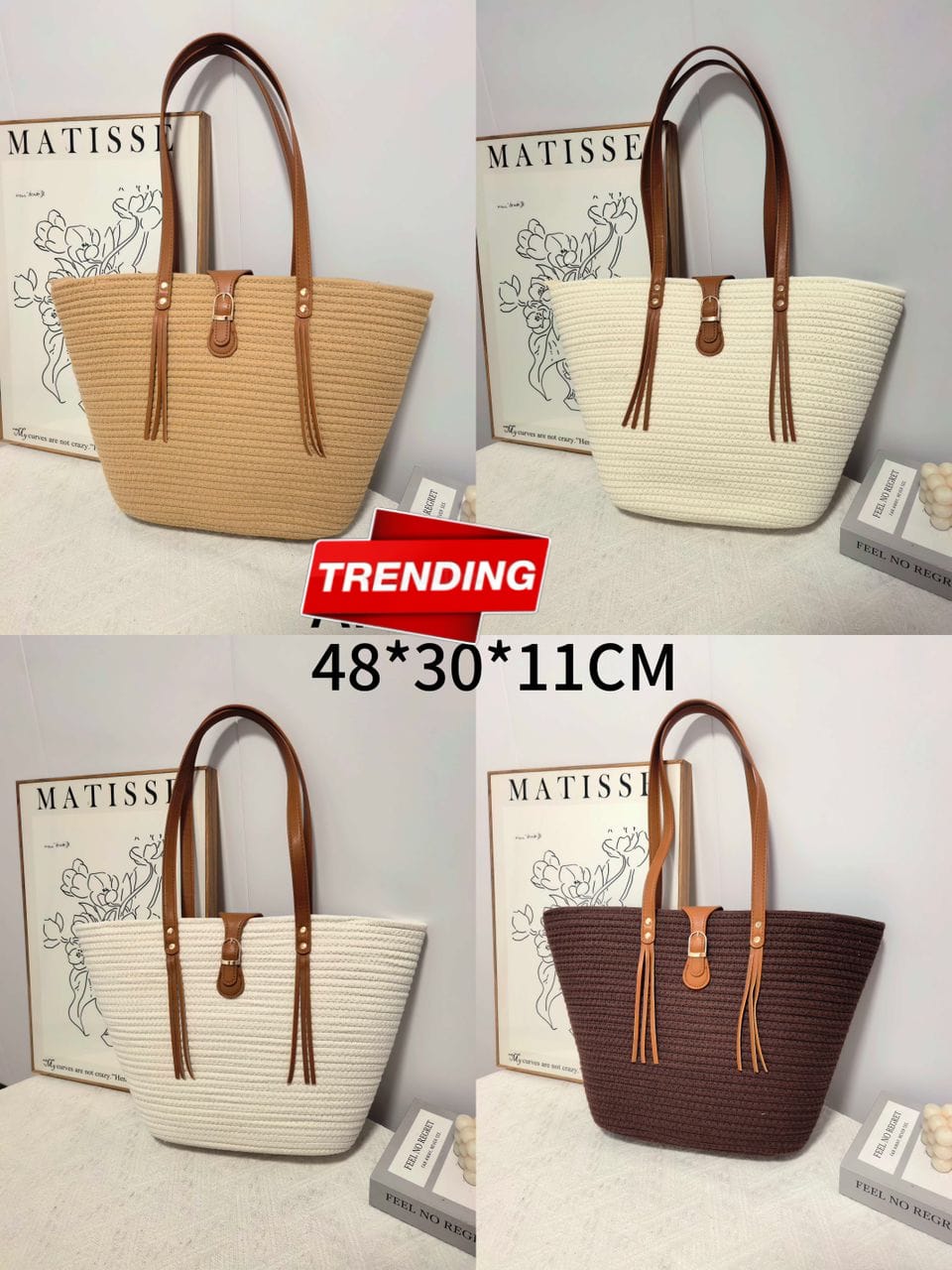 Quadrant image showcasing TRENDBUY straw tote bags in beige, white, and dark brown, with 'TRENDING' label and dimensions.