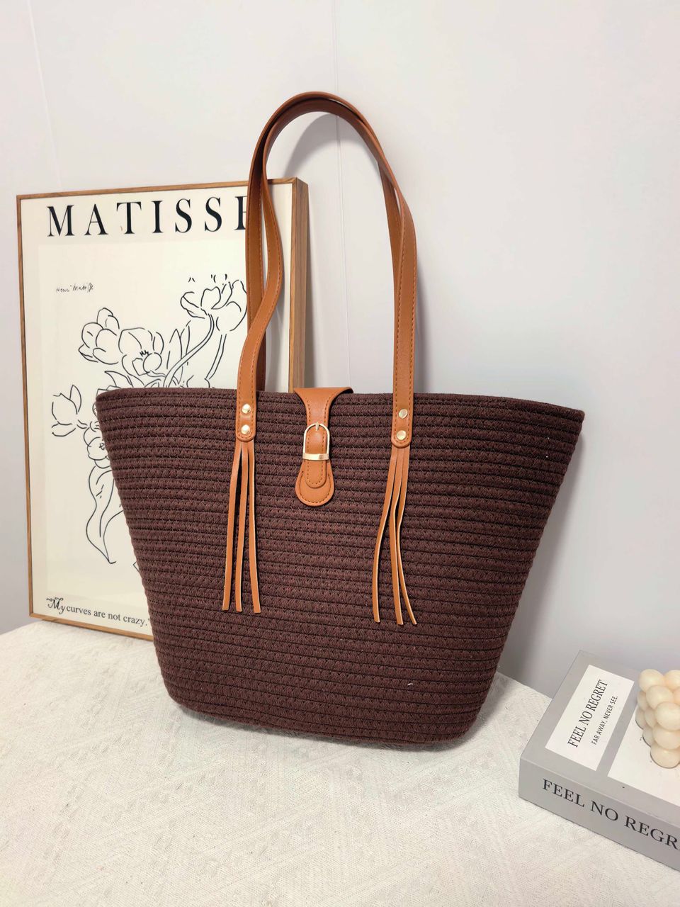 Vibrant front view of the TRENDBUY dark brown straw tote bag, perfect for versatile styling.