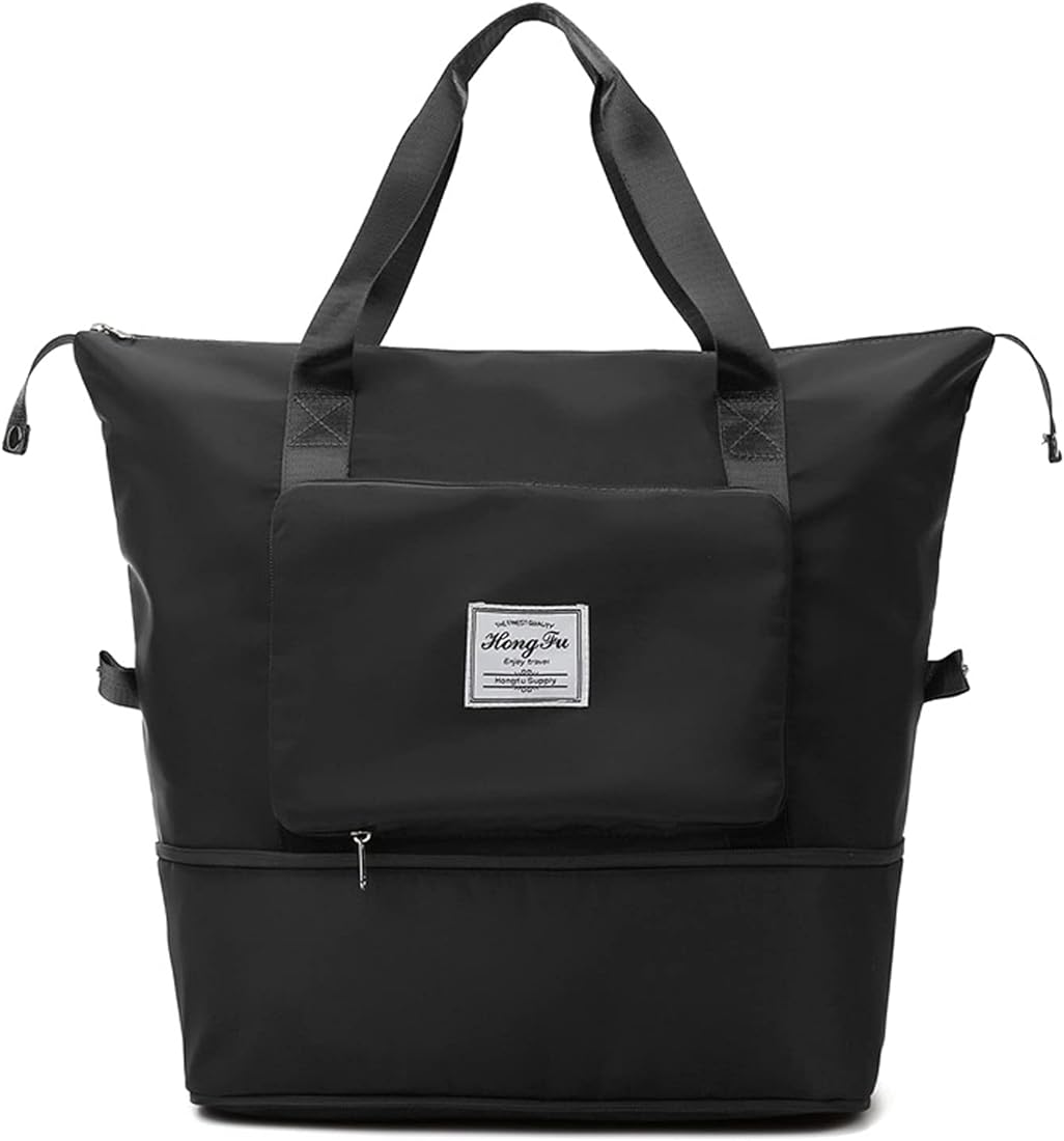 Black spacious and waterproof weekender bag with front zipper compartment.