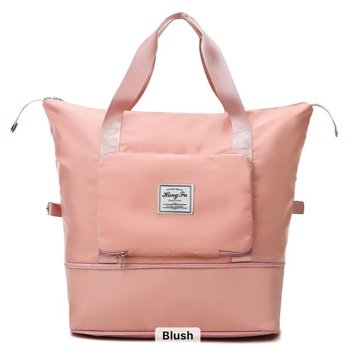 Blush Pink travel duffle bag, highlighting the front storage pocket.