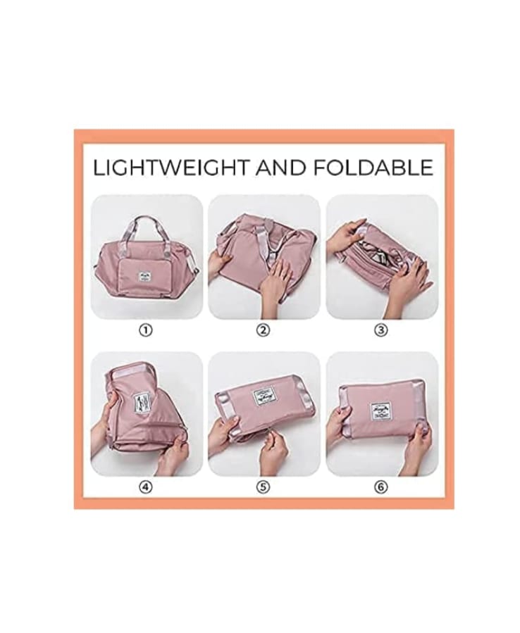 Six-step visual guide demonstrating how to fold the travel bag for compact storage.