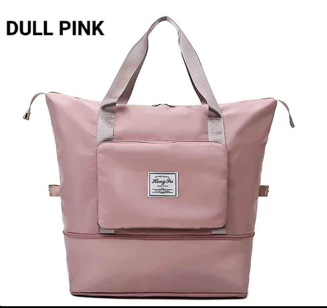 Dusty Rose collapsible travel duffle bag in its expanded form.