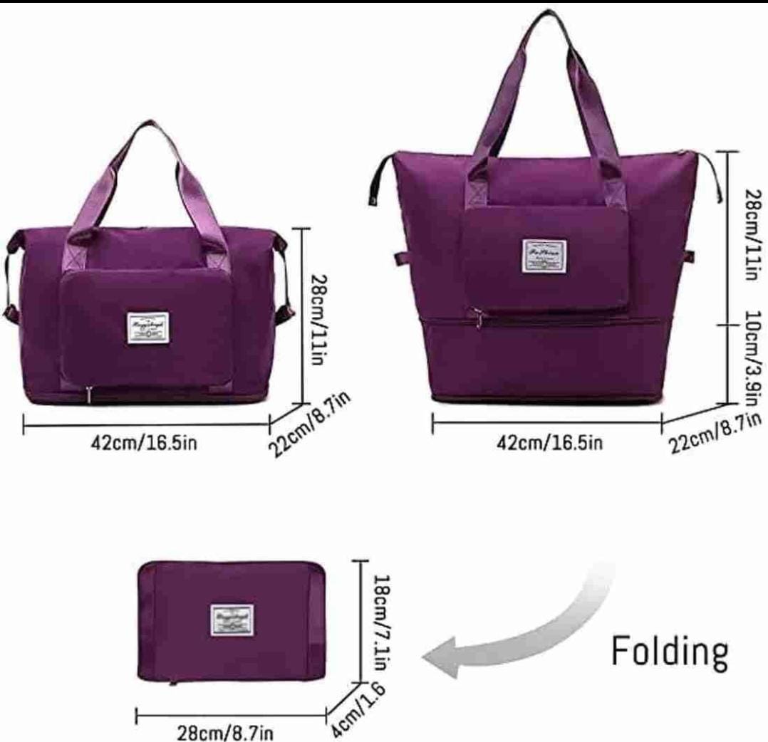 Detailed dimensions of the folding travel bag in both compact and expanded configurations.