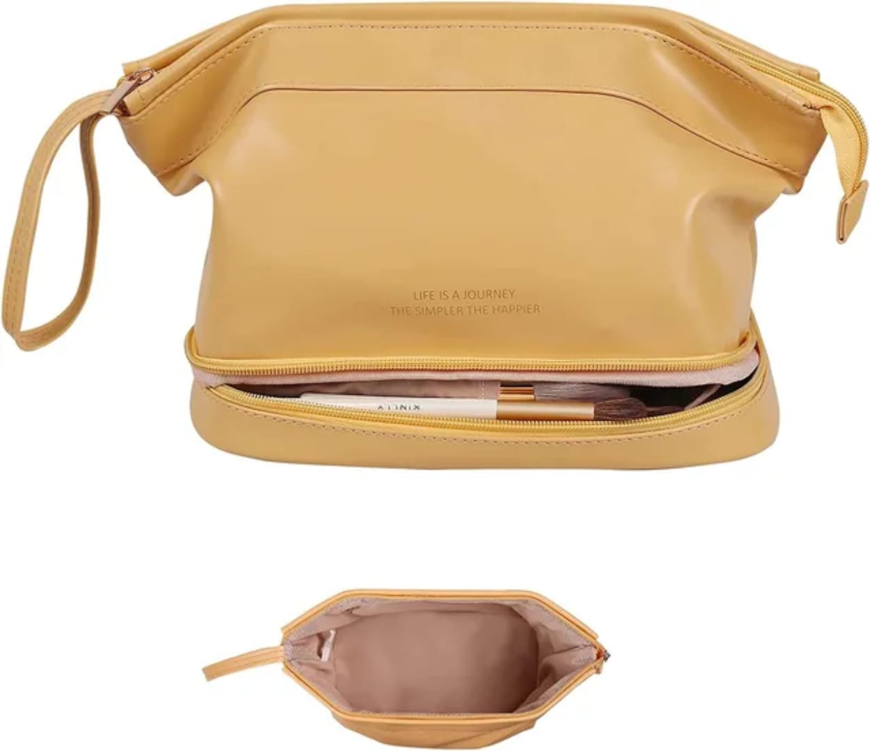 Yellow/Khaki double-layer makeup bag open, showing top and bottom compartments with makeup brush, quote "LIFE IS A JOURNEY THE SIMPLER THE HAPPIER".