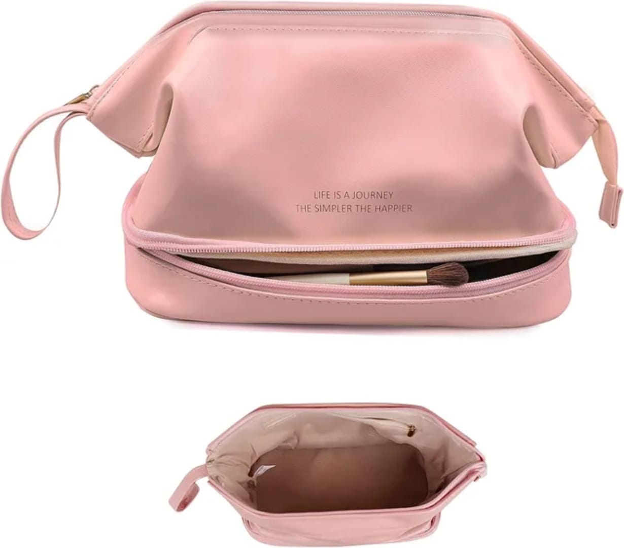 Pink double-layer makeup bag open, showing top and bottom compartments with makeup brush, quote "LIFE IS A JOURNEY THE SIMPLER THE HAPPIER".