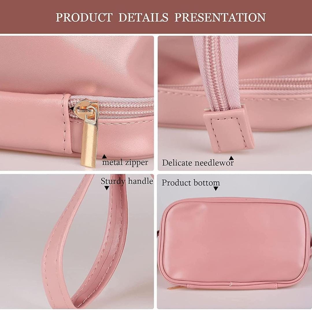 Close-up details of the pink makeup bag: shiny metal zipper, delicate needlework, sturdy handle, and reinforced product bottom.