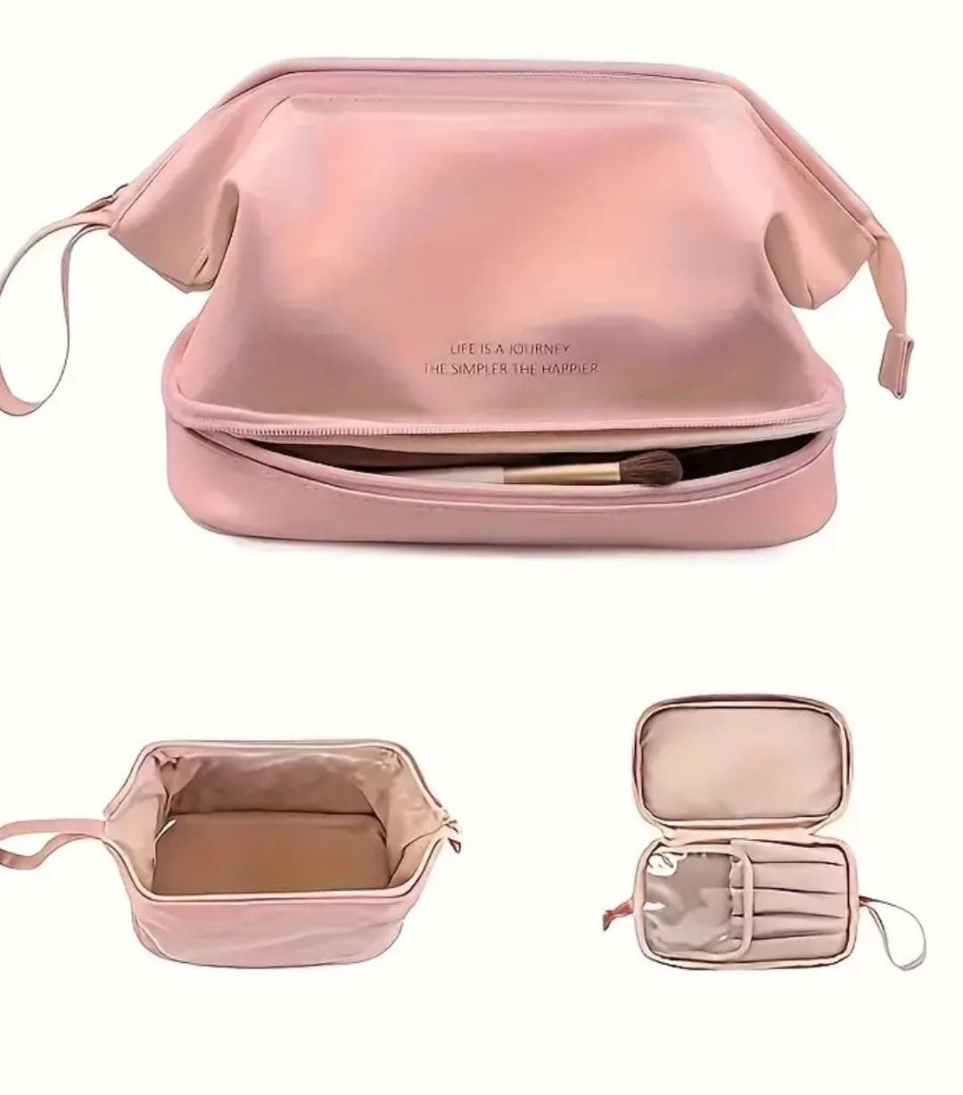 Pink double-layer makeup bag displayed with an additional internal organizer insert, highlighting versatile storage compartments and brush slots.