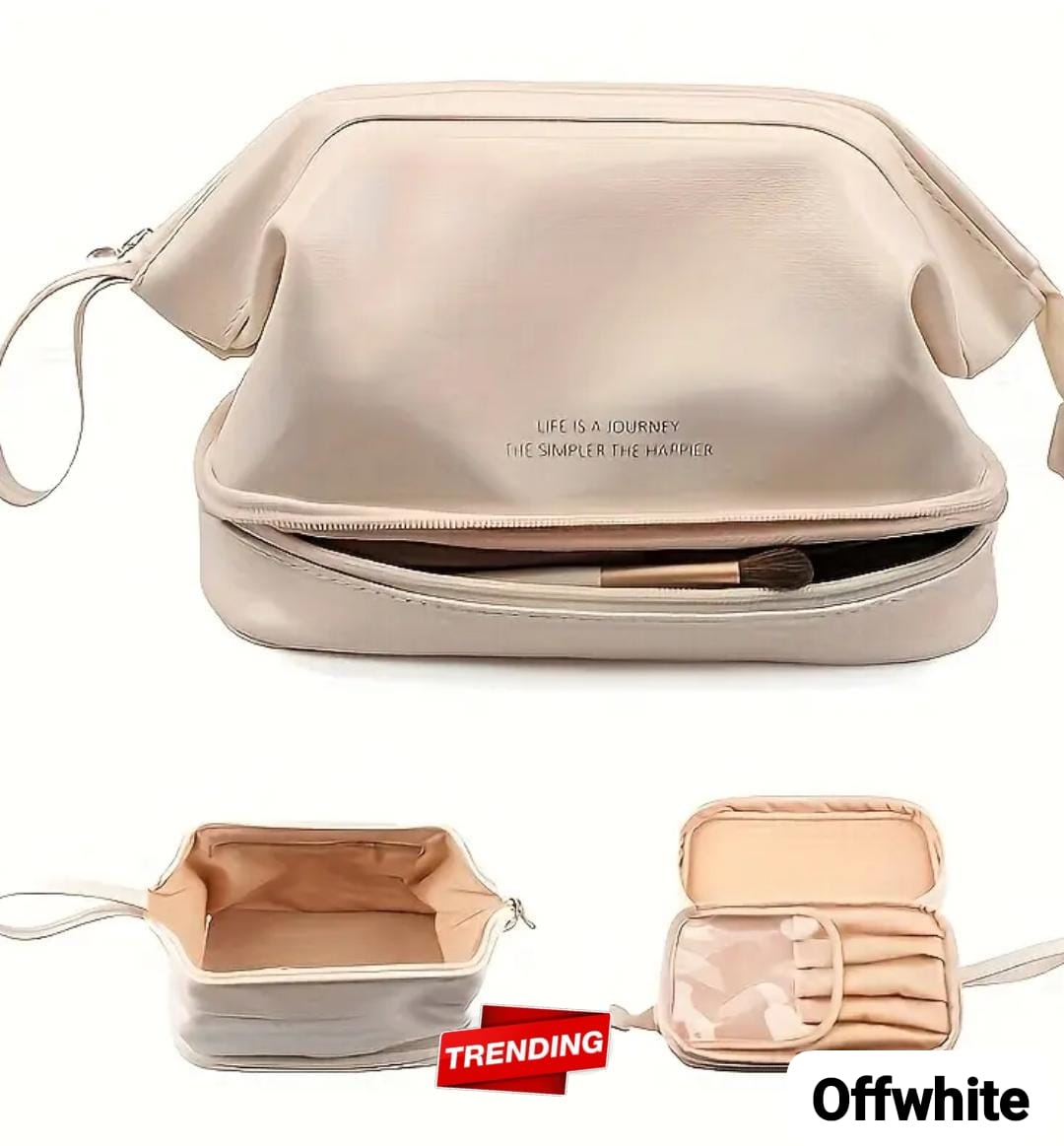 Off-white double-layer makeup bag displayed open with an additional internal organizer insert, labeled "TRENDING".