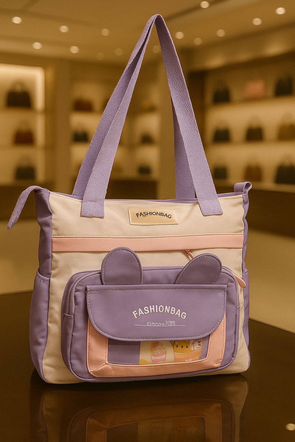 TRENDBUY imported tote bag in cream and lavender with cute ear pocket design, front view