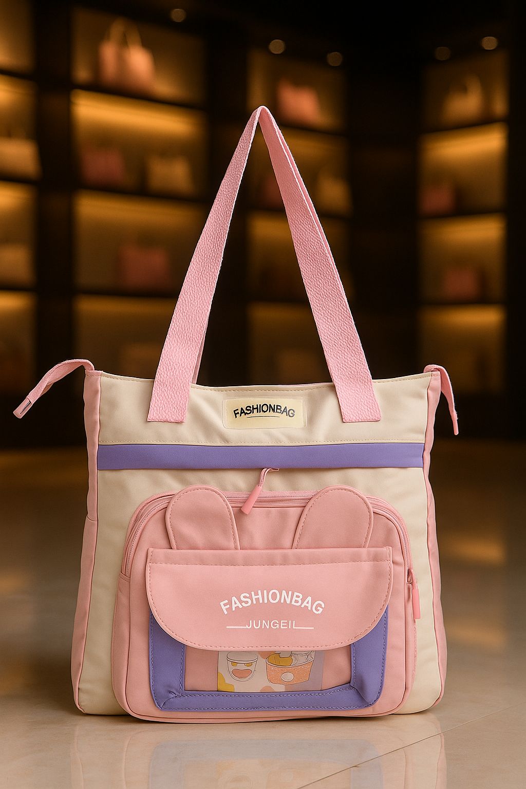 TRENDBUY imported tote bag in cream and blush pink with cute ear pocket design, front view