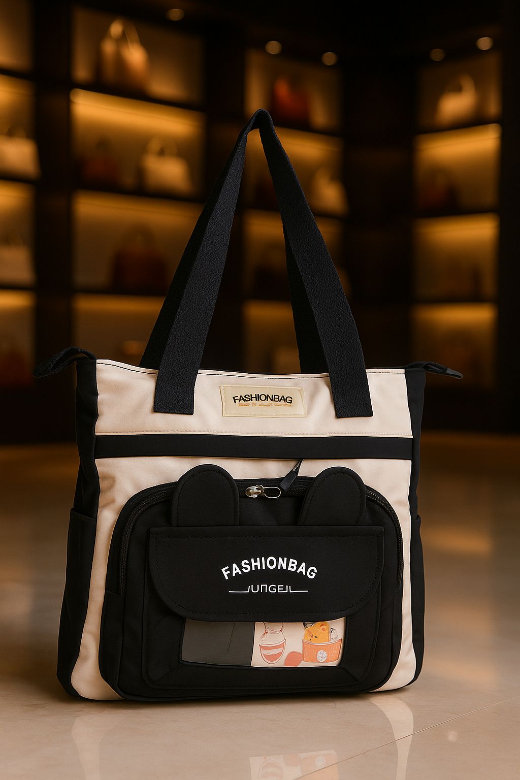 TRENDBUY imported tote bag in cream and classic black with cute ear pocket design, front view