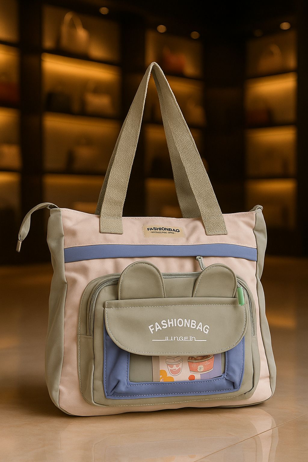 TRENDBUY imported tote bag in peach and olive green with blue accents, cute ear pocket design, front view