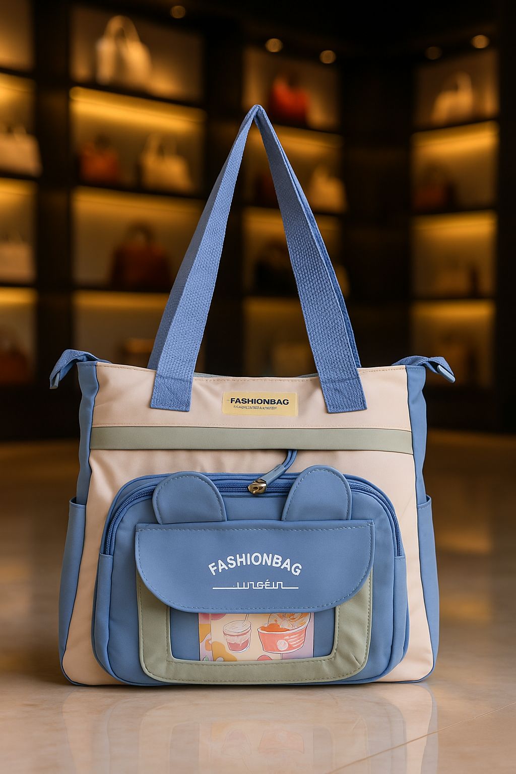 TRENDBUY imported tote bag in cream and sky blue with light green accents, cute ear pocket design, front view