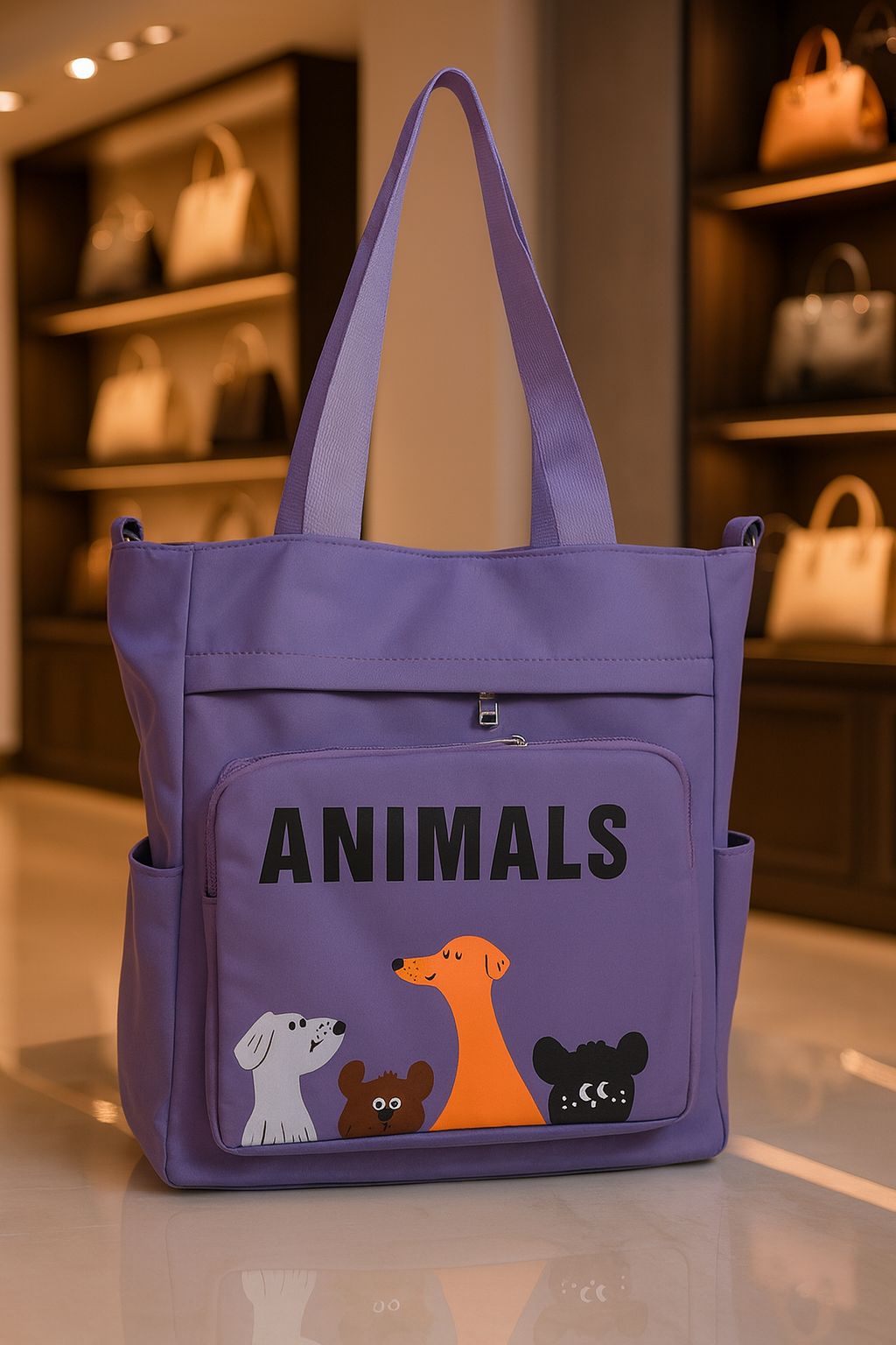 TRENDBUY Lavender 'Animals' Double Partition Tote Bag, front view with playful animal graphic and multiple pockets