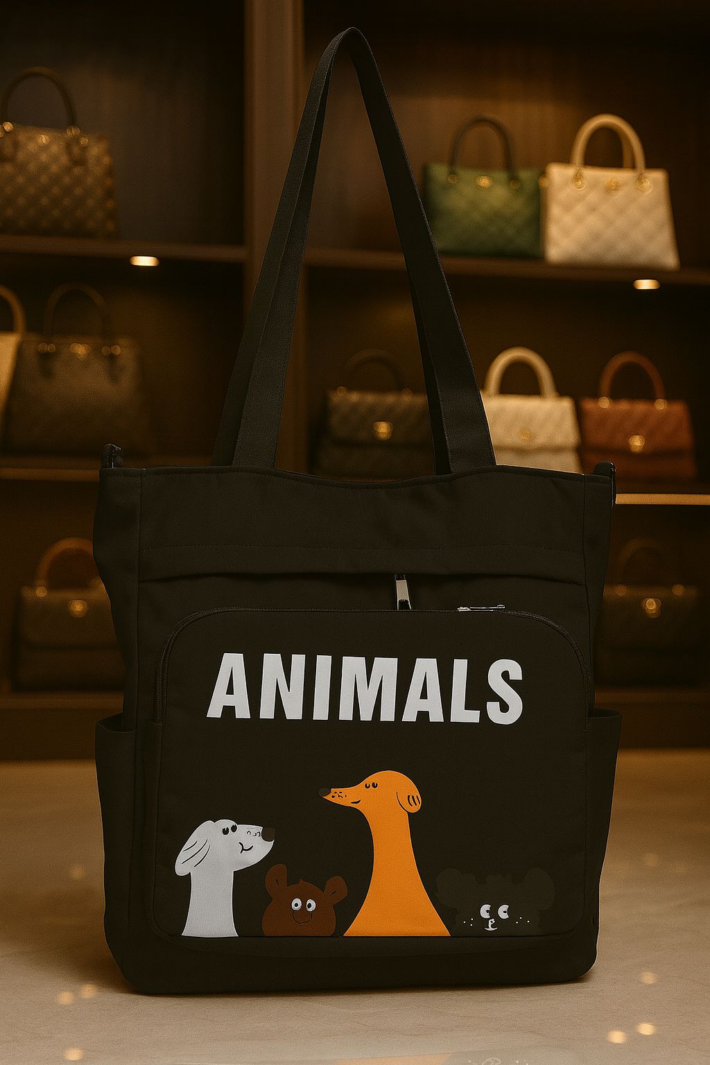 TRENDBUY Black 'Animals' Double Partition Tote Bag, front view showcasing two compartments and four pockets