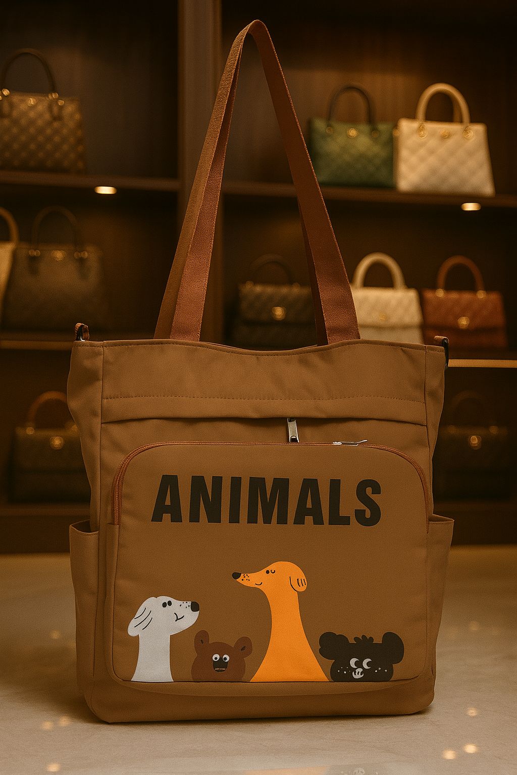 TRENDBUY Brown 'Animals' Double Partition Tote Bag, front view of the imported quality side bag