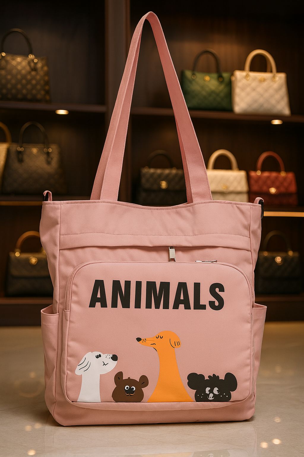 TRENDBUY Pink 'Animals' Double Partition Tote Bag, featuring spacious design and trending animal artwork
