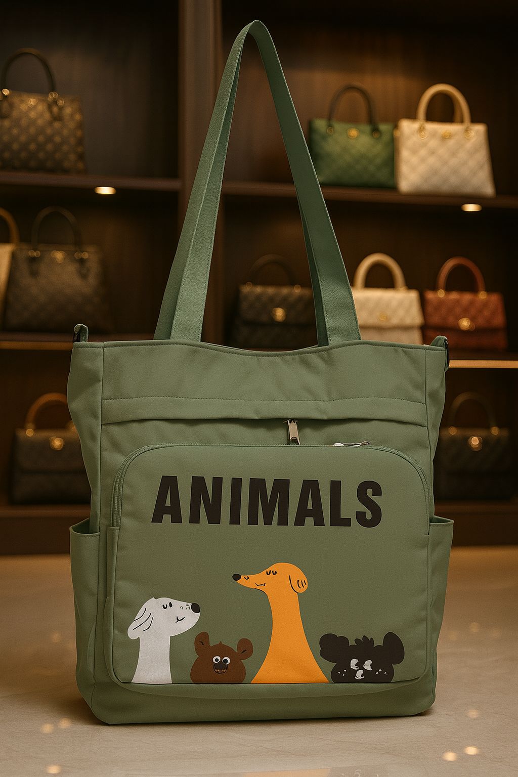 TRENDBUY Green 'Animals' Double Partition Tote Bag, a stylish shoulder bag for women with easy access pockets