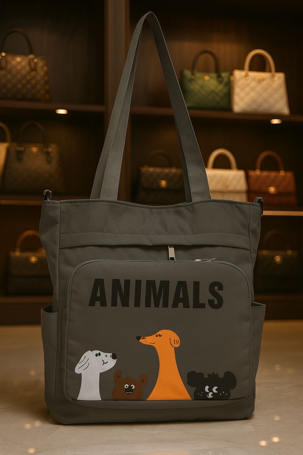TRENDBUY Grey 'Animals' Double Partition Tote Bag, highlighting the 14x14 inch dimensions and durable fabric