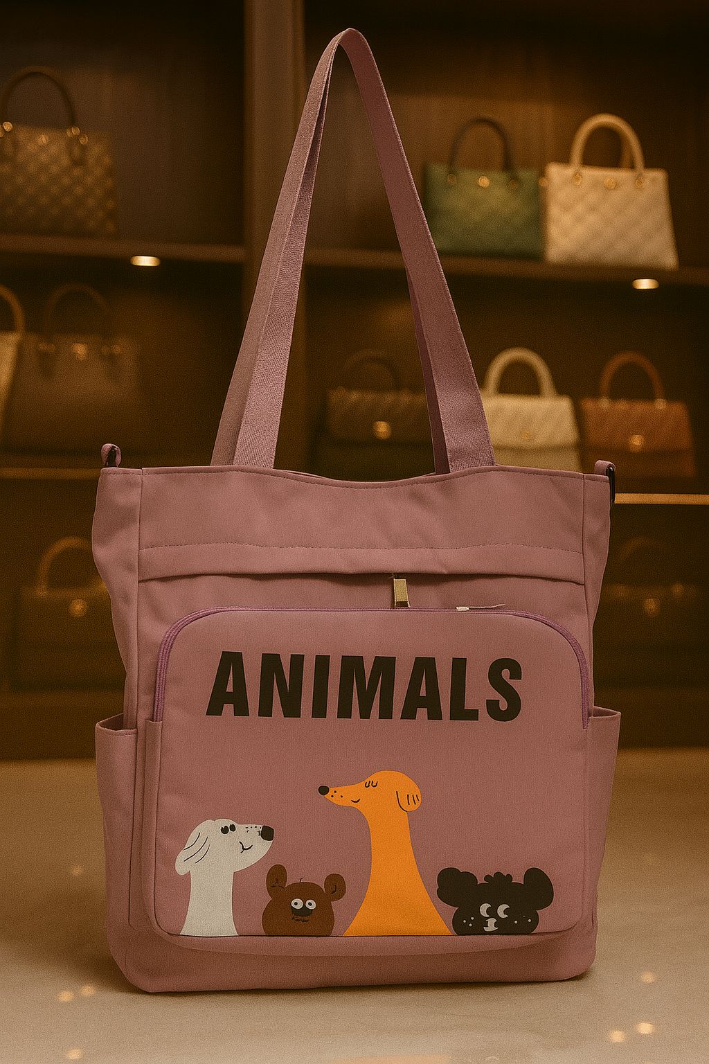 TRENDBUY Mauve 'Animals' Double Partition Tote Bag, versatile tote in a popular color with unique graphic