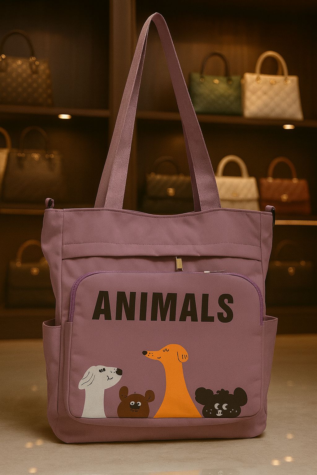 TRENDBUY Light Plum 'Animals' Double Partition Tote Bag, a fashionable and functional handbag with ample storage