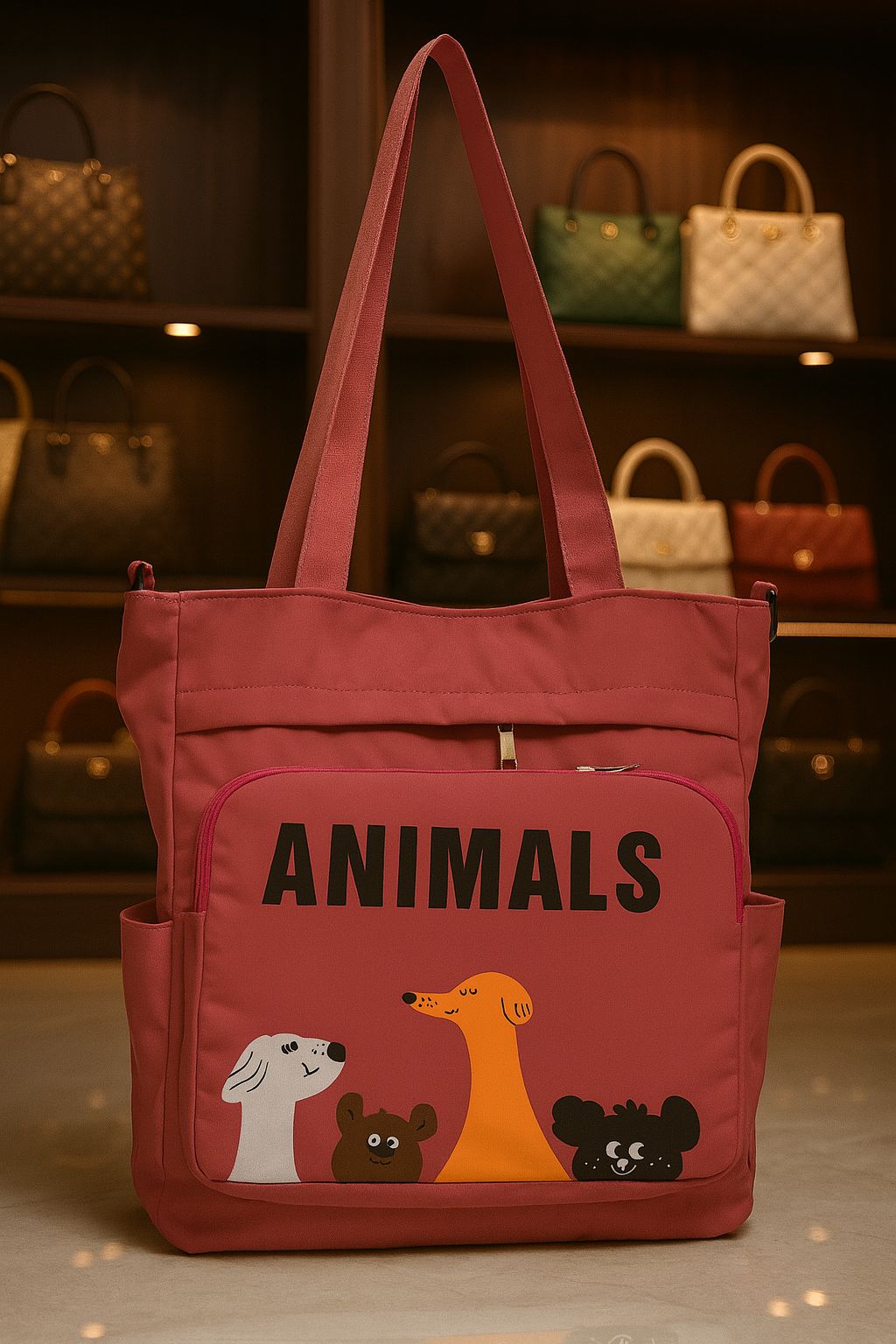 TRENDBUY Maroon 'Animals' Double Partition Tote Bag, close-up of the front pocket and quality stitching