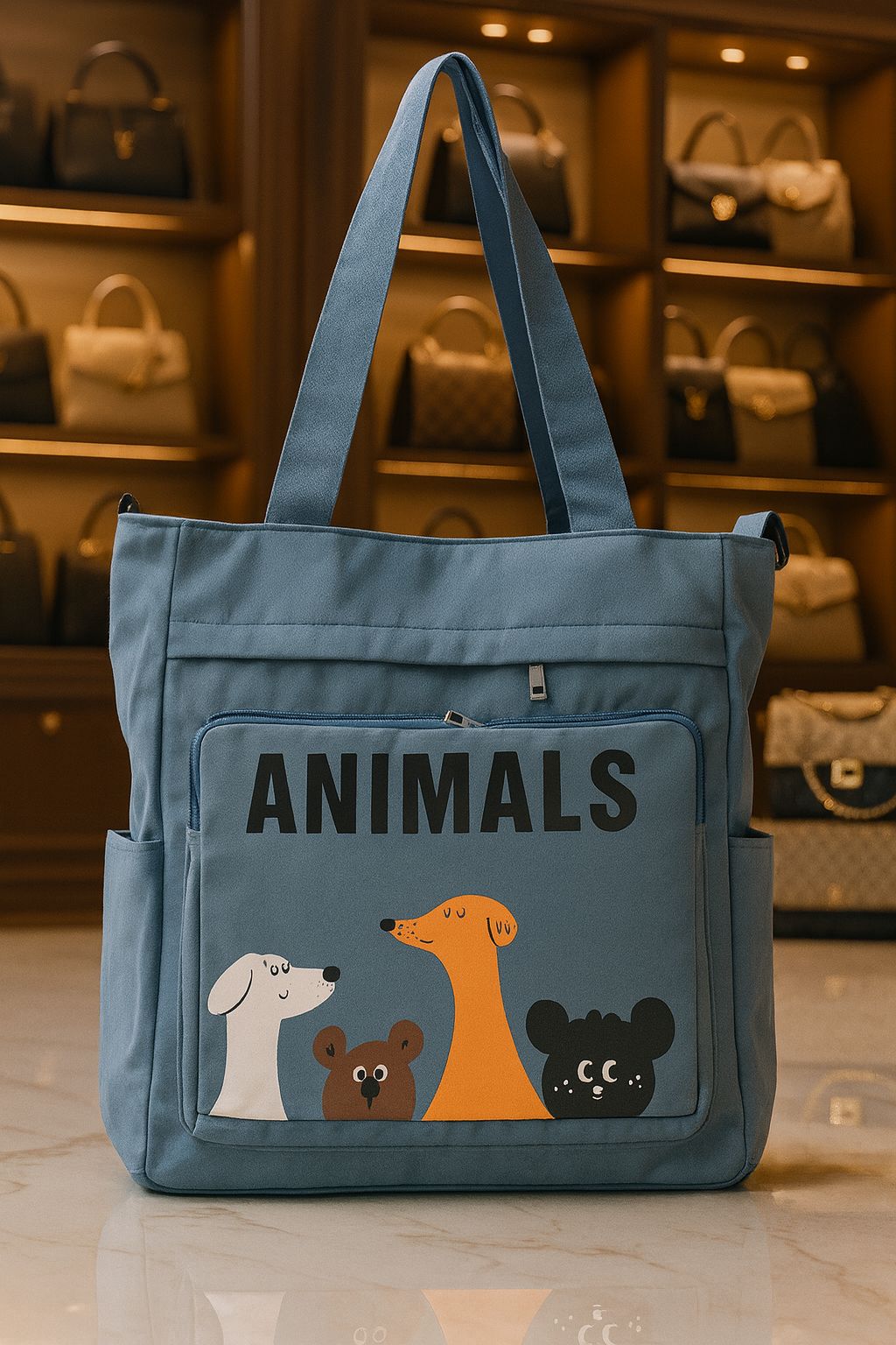 TRENDBUY Blue 'Animals' Double Partition Tote Bag, ideal for daily use, combining style and organization