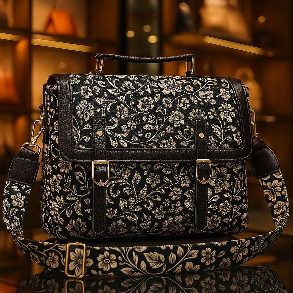 TRENDBUY Ikkat Cotton Sling Bag in an elegant black with intricate golden floral handblock print, displayed on a reflective surface.