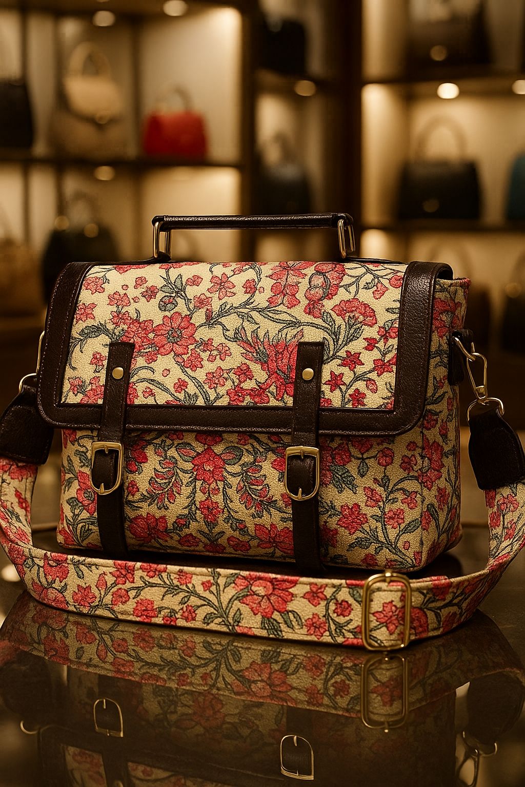 TRENDBUY Ikkat Cotton Sling Bag in a charming beige with vibrant red floral handblock print, featuring a broad adjustable strap.