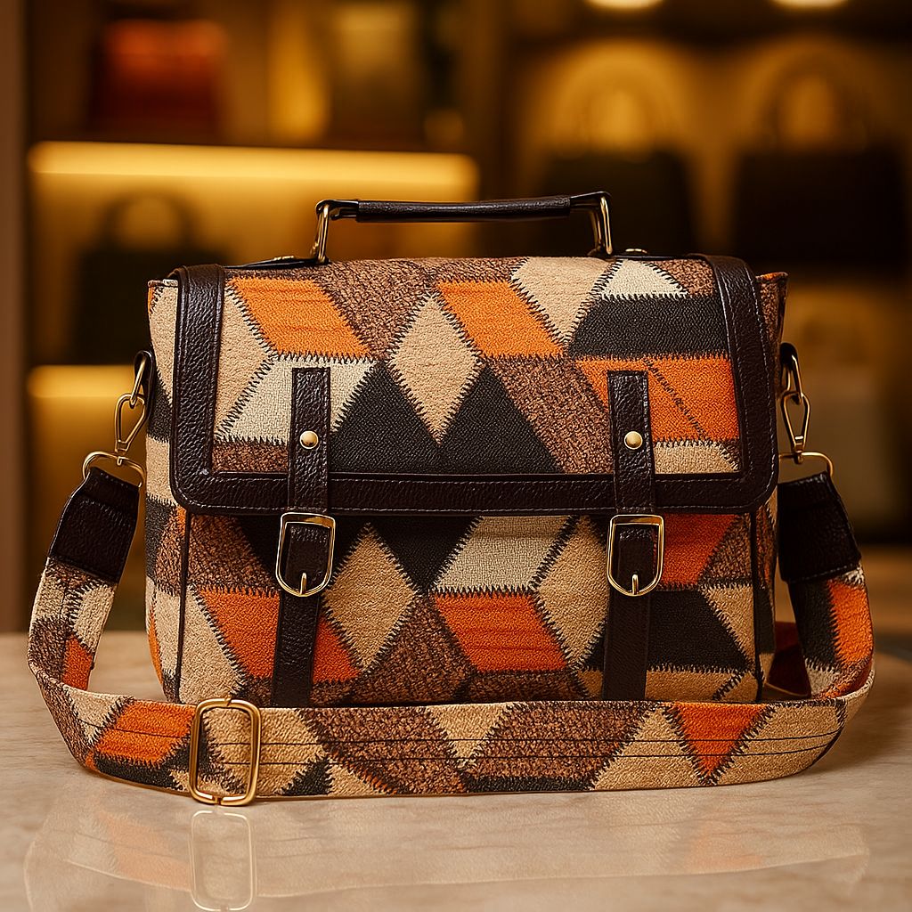 TRENDBUY Ikkat Cotton Sling Bag with a distinctive orange and brown geometric triangular patchwork design, on display in a boutique setting.