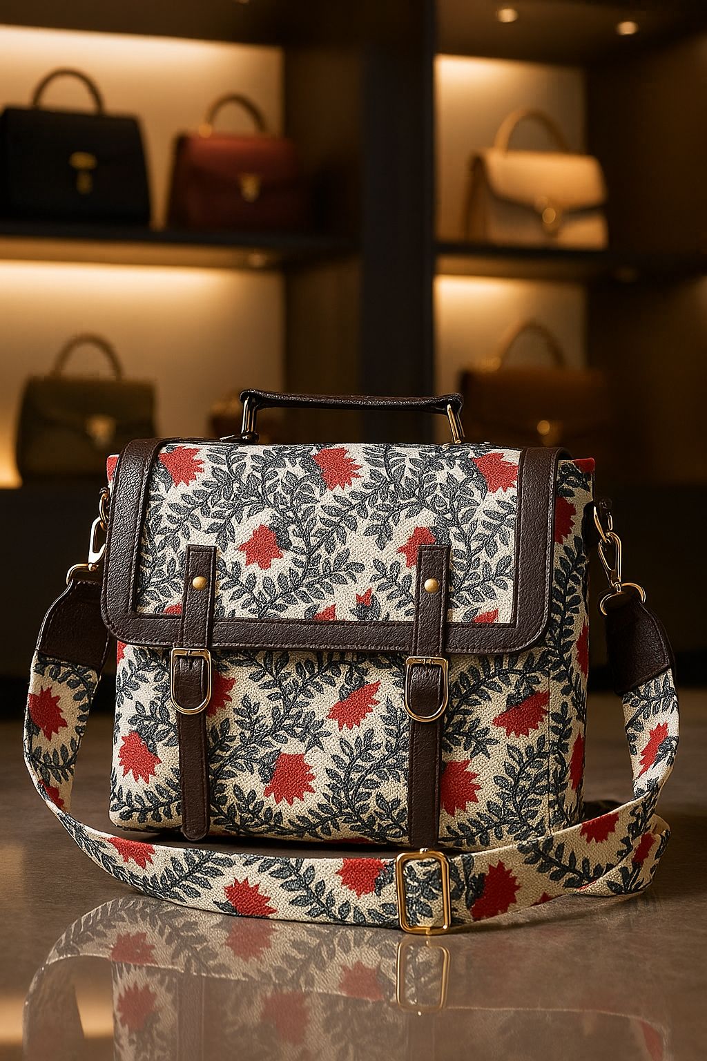 TRENDBUY Ikkat Cotton Sling Bag featuring a unique beige background with striking red leaf and vine handblock print.