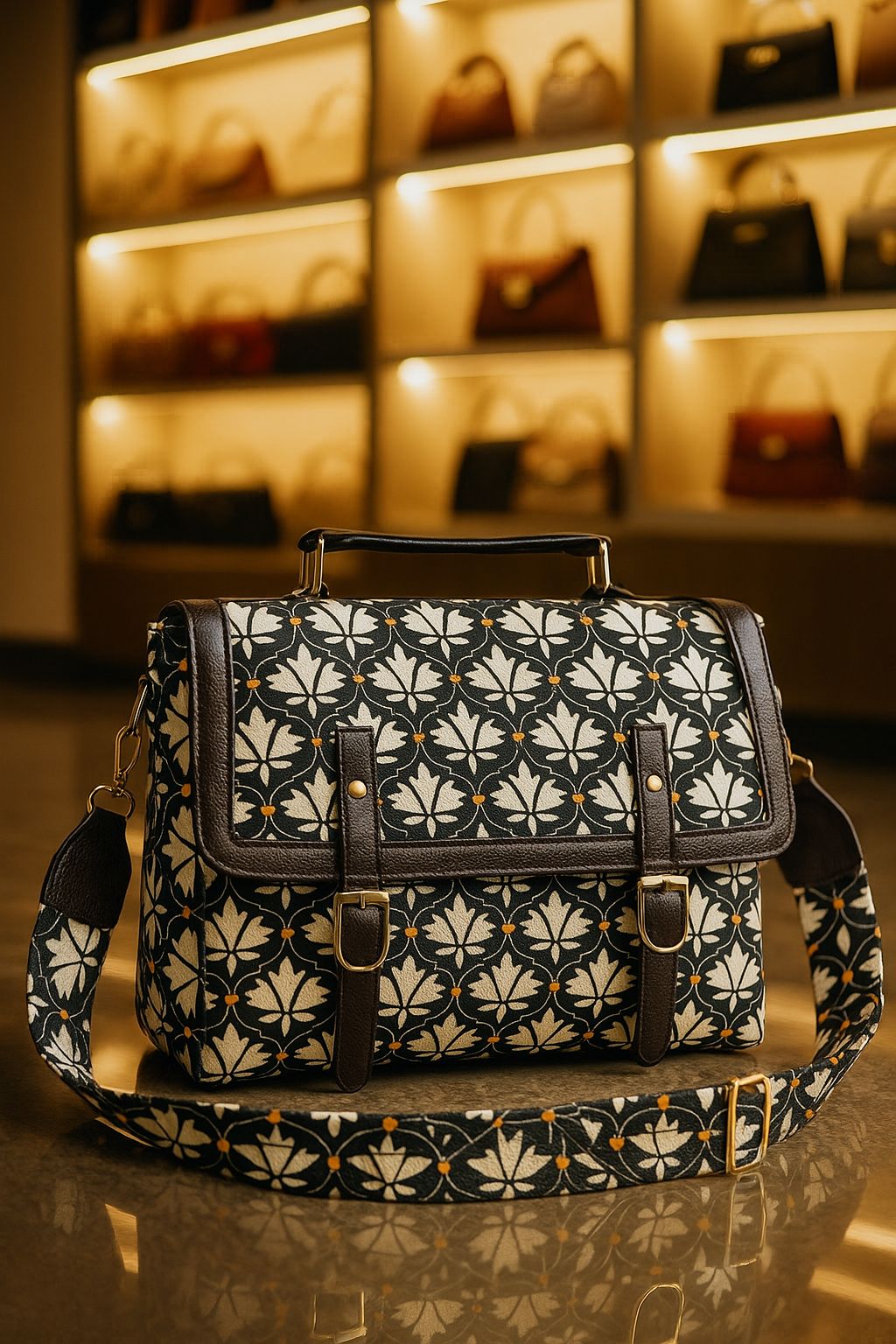 TRENDBUY Ikkat Cotton Sling Bag in a sophisticated black with white and golden stylized leaf handblock print, with dark brown accents.