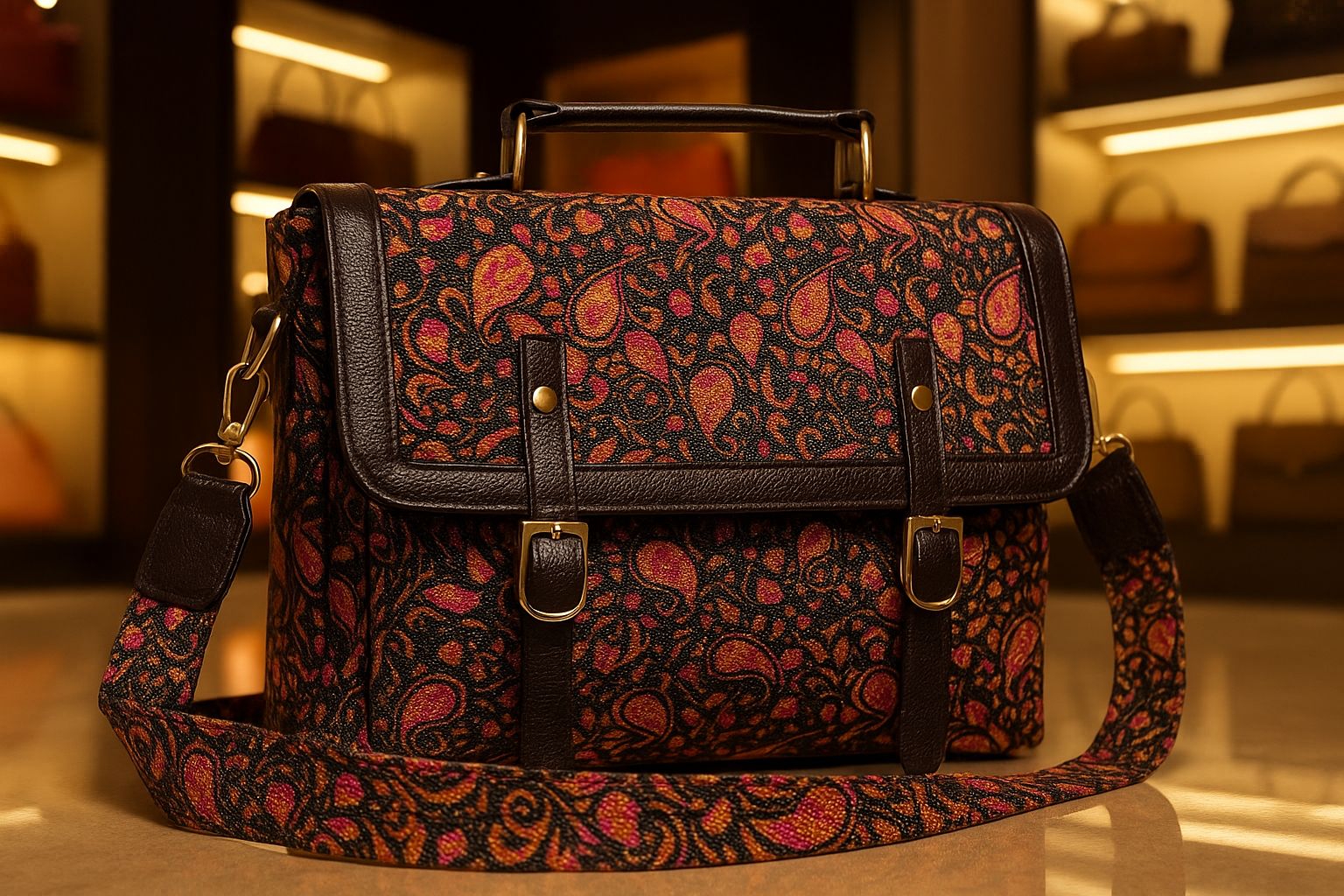 TRENDBUY Ikkat Cotton Sling Bag adorned with a vibrant red and orange paisley handblock print against a dark background, exuding ethnic charm.