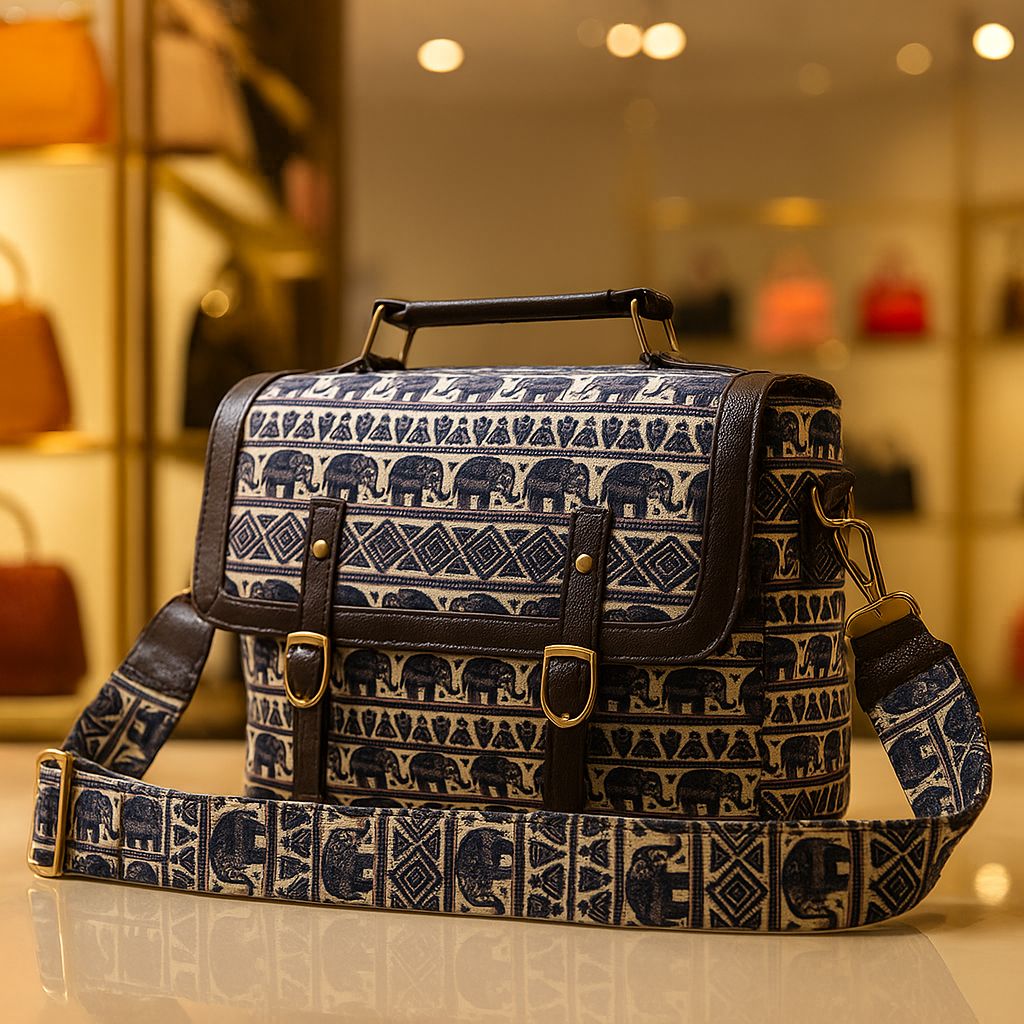 TRENDBUY Ikkat Cotton Sling Bag with an eye-catching blue elephant and geometric pattern on a light background, reflecting traditional Indian motifs.