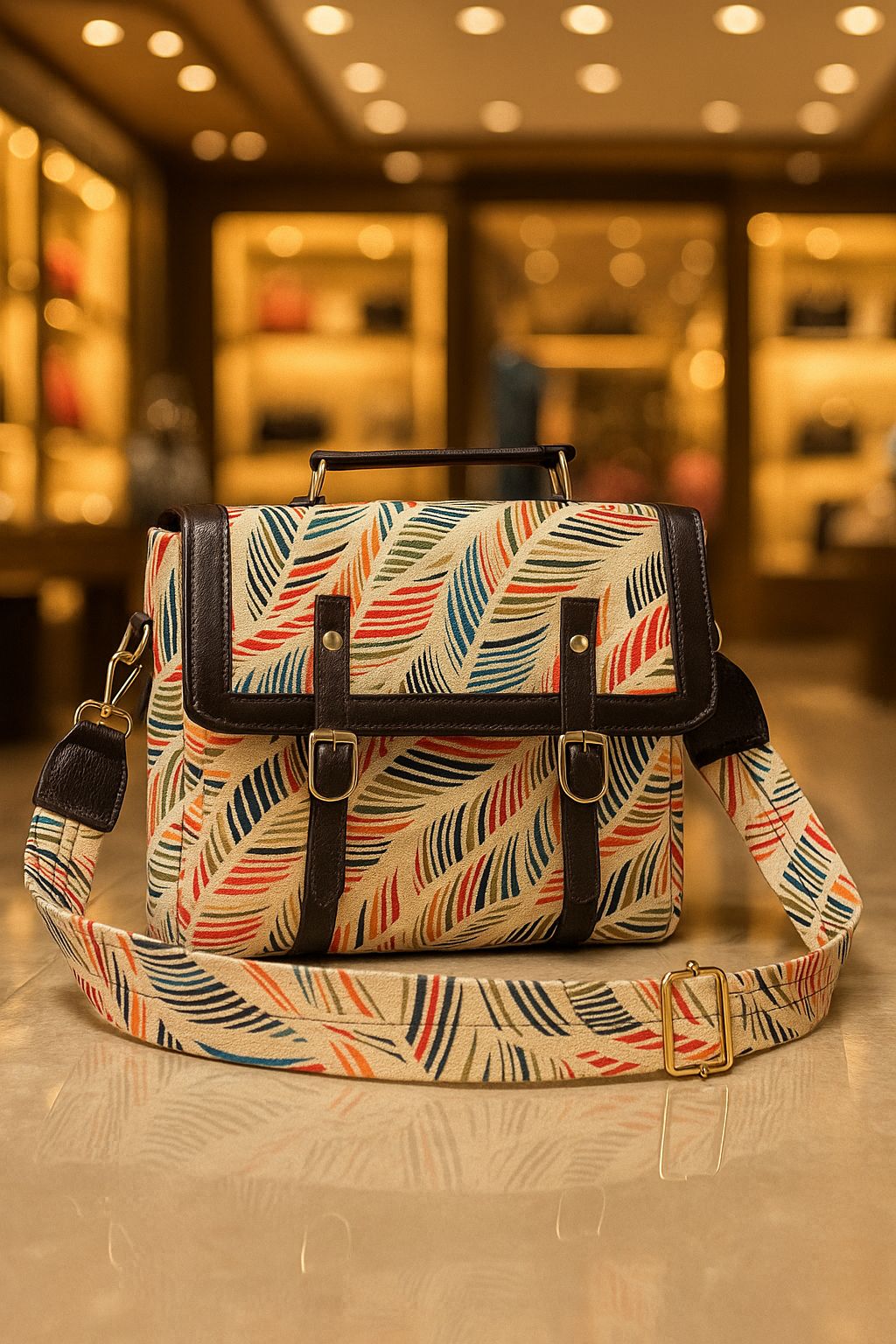 TRENDBUY Ikkat Cotton Sling Bag featuring a playful multicolor feather and stripe handblock print, offering a modern and cheerful aesthetic.