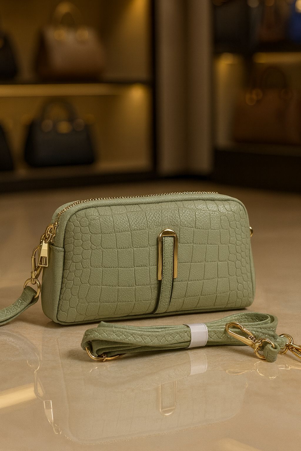 TRENDBUY Premium Croco PU Sling Bag in Mint Green, elegant design with gold hardware.