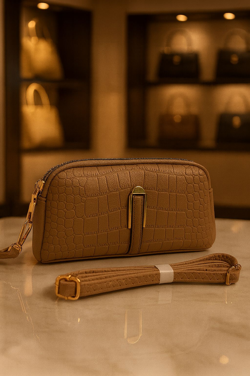TRENDBUY Premium Croco PU Sling Bag in Tan Brown, showcasing rich croco texture and adjustable strap.