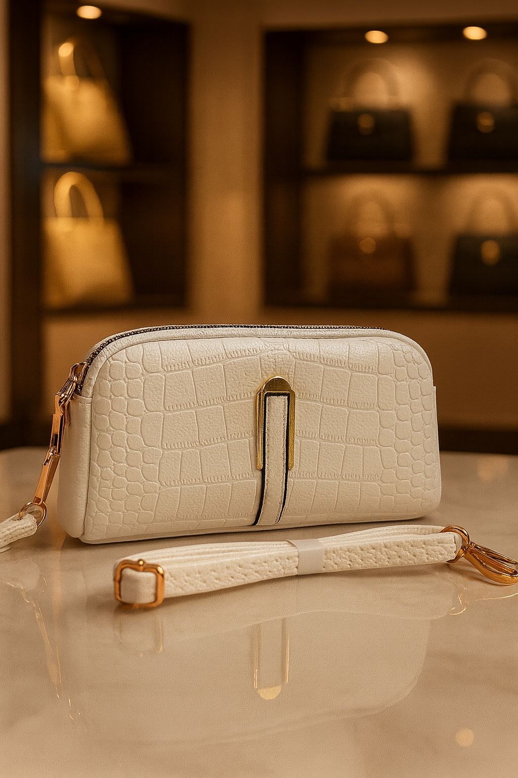 TRENDBUY Premium Croco PU Sling Bag in Off-White, perfect for versatile styling.